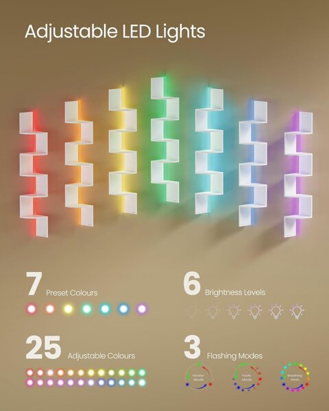 Fali sarokpolc RGB LED világítással, 5 szintes, matt fehér színben