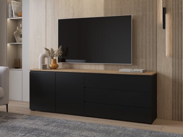 Komód Baletu 107, Laminált forgácslap, 68x200x35cm, Tölgy, Fekete