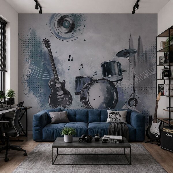 Fotótapéta Gitár és dobkészlet hangjegyekkel, Fotótapéta egyedi, w05546 : Uwalls.hu