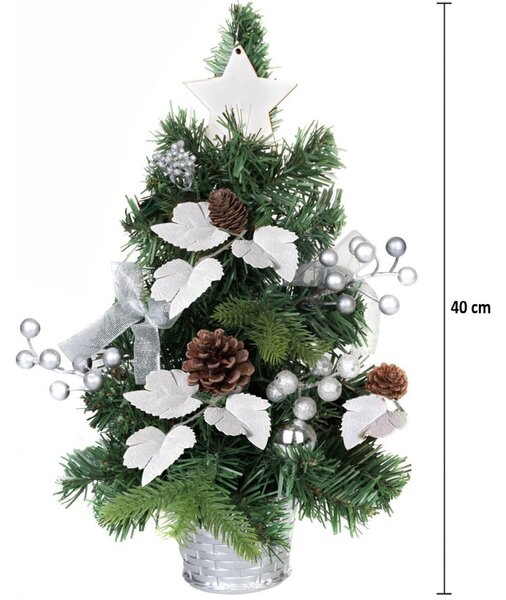 MagicHome műfenyő, díszített, ezüst, levelekkel, 40 cm