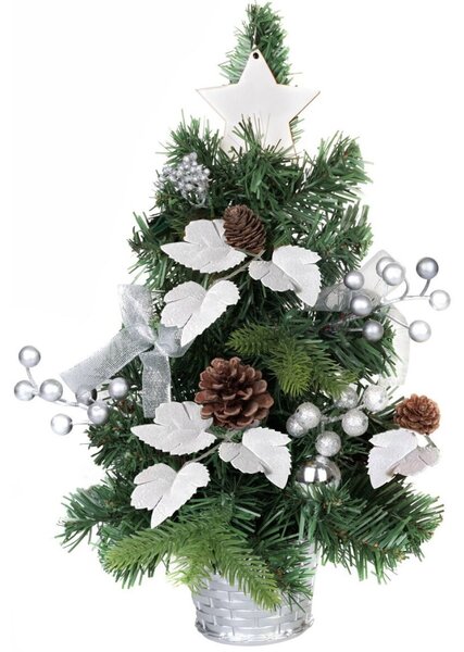 MagicHome műfenyő, díszített, ezüst, levelekkel, 40 cm
