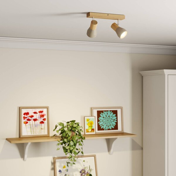Lindby Filiz spotlámpa, 2-lámpás, 27 cm, fa, beton, E14, dimmelhető, Világos fa, Hálószoba, Fa, Skandináv
