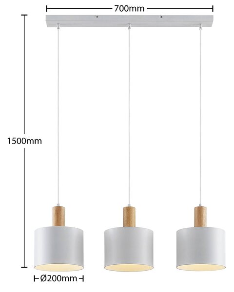 Lindby függőlámpa Kadir, 73 cm, 3-as lámpa, fehér, fa, dimmelhető, Fehér / opál, Nappali / Étkező, fém, Modern