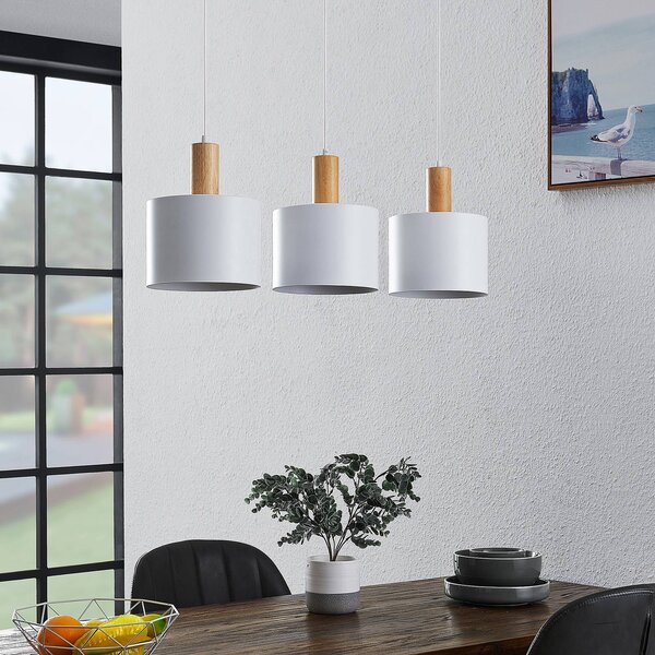 Lindby függőlámpa Kadir, 73 cm, 3-as lámpa, fehér, fa, dimmelhető, Fehér / opál, Nappali / Étkező, fém, Modern