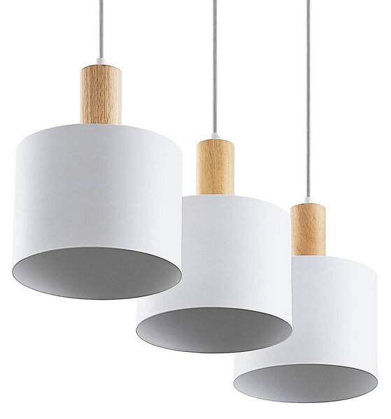 Lindby függőlámpa Kadir, 73 cm, 3-as lámpa, fehér, fa, dimmelhető, Fehér / opál, Nappali / Étkező, fém, Modern