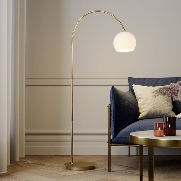 Lindby Ívlámpa Cynthia, sárgaréz színű, üveg, 140 cm, E27, Sárgaréz / arany, Nappali / Étkező, Üveg, Modern