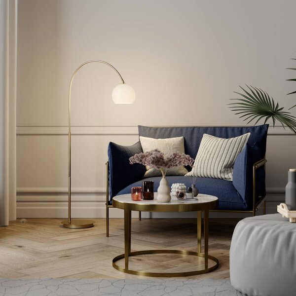 Lindby Ívlámpa Cynthia, sárgaréz színű, üveg, 140 cm, E27, Sárgaréz / arany, Nappali / Étkező, Üveg, Modern