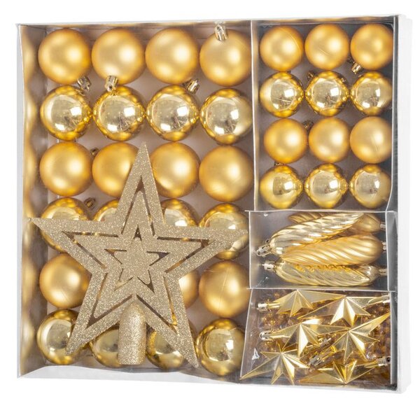 MagicHome karácsonyi gömbök, készlet, 50 db, 4-5 cm, arany, csillag, füzér, toboz, karácsonyfára