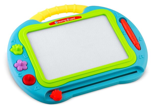 Mágneses rajztábla, Ricokids, 35 × 30 cm, kék, törölhető rajzfelület, mágneses tollal és 3 formával, műanyag, fogantyúval, gyerekeknek