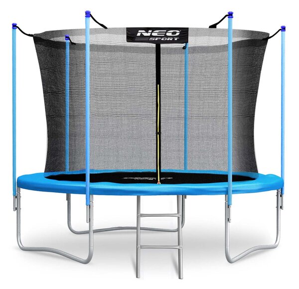 Kerti trambulin, Neo-Sport, fekete/kék, átmérő: 312 cm, kerek, magasság: 65 cm, 180 cm belső védőháló, létra, acél váz, 3 dupla láb, 150 kg teherbírás, 54 db rugó, kék oszlopok