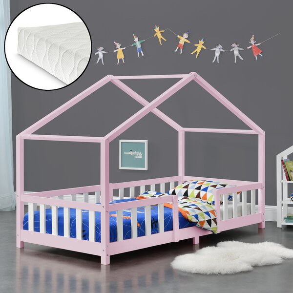 Házikó gyerekágy Treviolo leesésgátlóval matraccal 90x200 cm rózsaszín/fehér