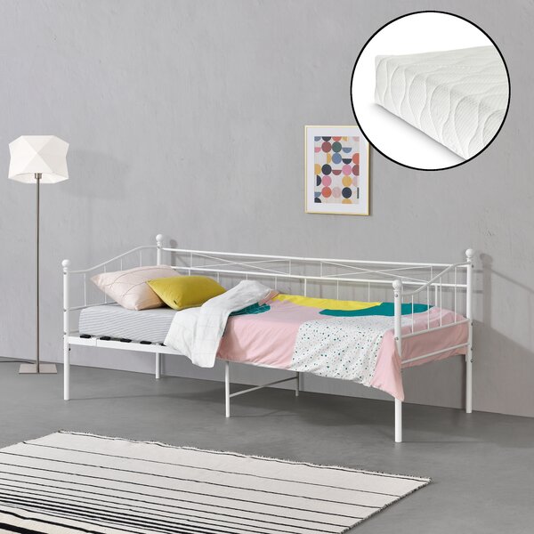 Fémkeretes ágy hideghabos matraccal és ágyrácssal Arjeplog 200 x 90 x 16 cm acélkeret 1 személyes ágy fehér matt