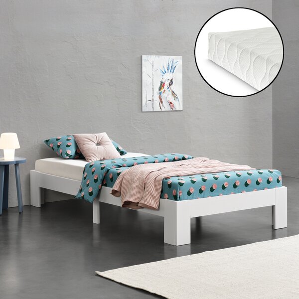 Fa ágykeret Raisio 90 x 200 cm egyszemélyes ágy 100 Kg fenyőfa/forgácslap fehér matt ágyráccsal és matraccal