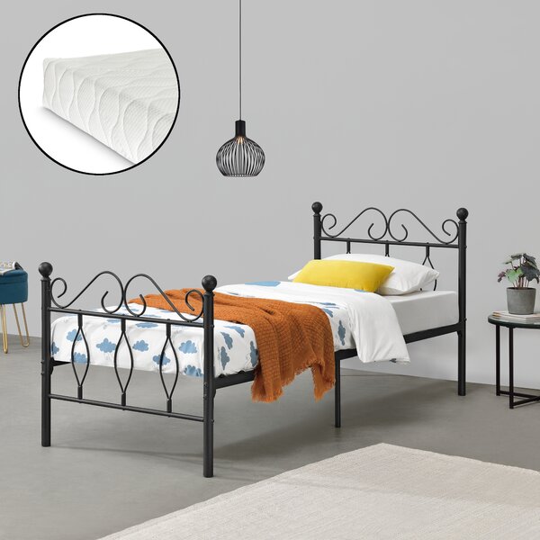Fémkeretes ágy Apolda 90 x 200 cm porszórt (szinterezett) acél váz fekete, matt dekoratív fej-és lábrész egyszemélyes ágy hideghabos matraccal