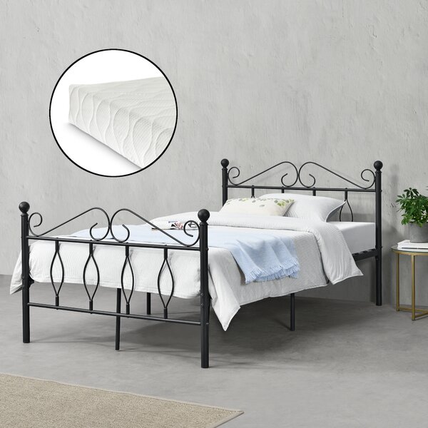 Fémkeretes ágy Apolda 120 x 200 cm porszórt (szinterezett) acél váz fekete, matt dekoratív fej-és lábrész egyszemélyes ágy hideghabos matraccal