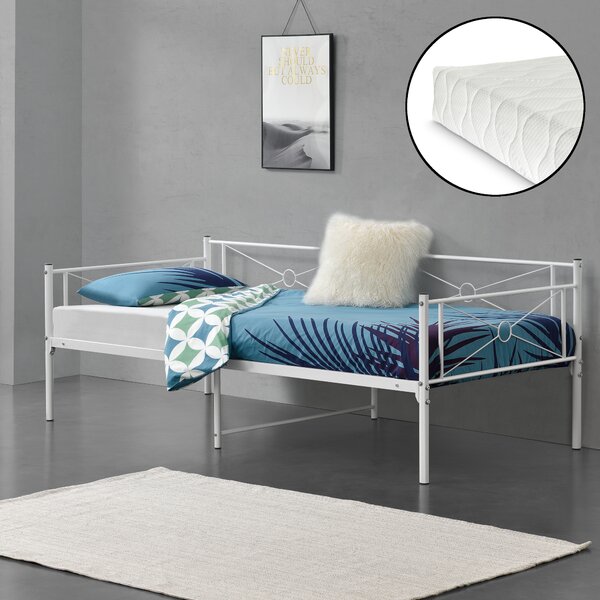 Fémkeretes ágy Alvesta 90x200 cm egyszemélyes dizájn ágykeret hideghabos matraccal ágyráccsal acélváz fehér, matt