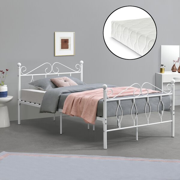 Fémkeretes ágy Apolda 120 x 200 cm porszórt (szinterezett) acél váz fehér, matt dekoratív fej-és lábrész egyszemélyes ágy hideghabos matraccal