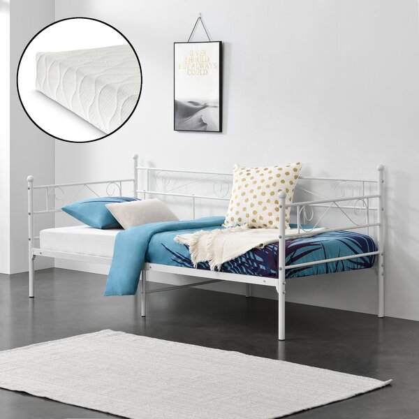 Fém ágy Kerava 90x200 cm hideghab matraccal egyszemélyes fémágy ágykeret 200 kg-ig fej-és lábrésszel acél fehér, matt