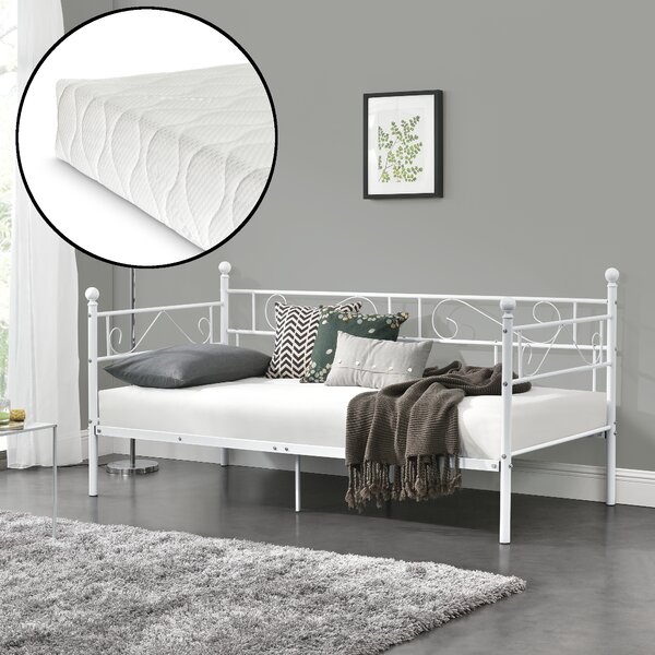 Fémkeretes ágy matraccal - egyszemélyes dizájn ágykeret 200 x 100 cm ágyráccsal - heverő fehér színben