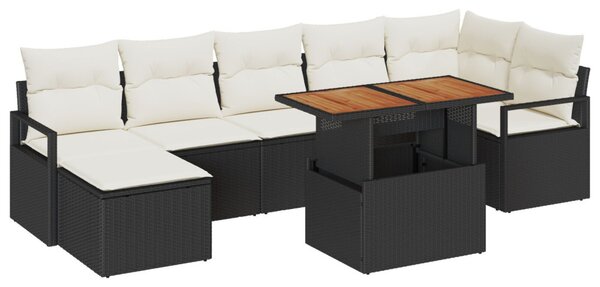 8 darabos kertibútor szett párnákkal fekete poli rattan akáccal, 2 fős kertibútor párnákkal fekete poli rattan