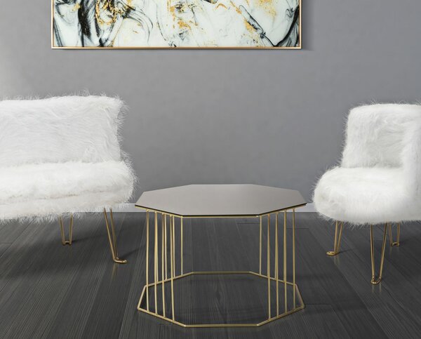 Nyolcszögletű dohányzóasztal fémből és fekete arany üvegből, 70x70x45 cm