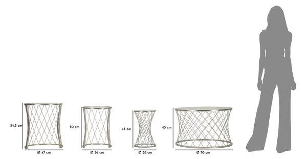 Ezüst fém dohányzóasztalok ø 70x45-47x54,5-36x50-28x45 cm