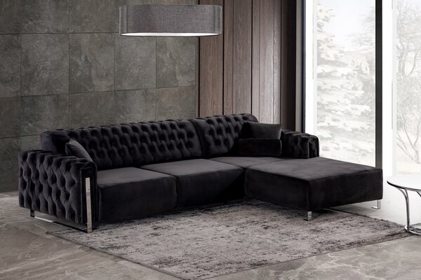 DANA Silver chesterfield stílusú L-alakú kanapé, elektromosan ágyazható, fekete bársony