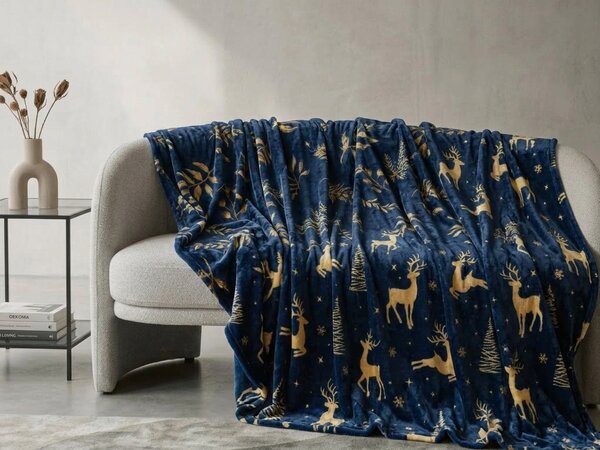 Sötétkék karácsonyi mikroplüss takaró GOLDEN DEER Méret: 200 x 220 cm