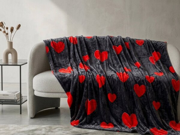 Mikroplüss takaró RED HEARTS, fekete Méret: 160 x 200 cm