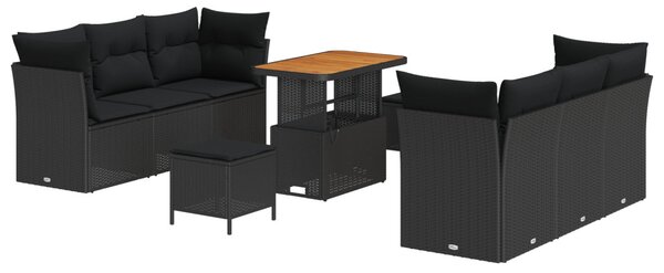 Kerti Kanapé Szett párnával 9 pcs Fekete polirattan