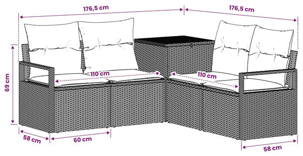 VidaXL Kanapé Szett 5 db Barna és Piros Poli rattan és acél