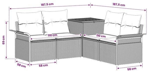 VidaXL Kanapé Szett 5 db Barna és Krémfehér Poli rattan és acél