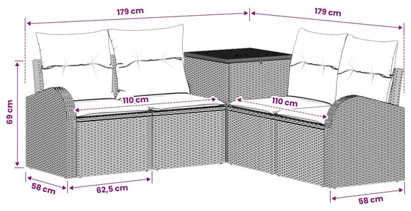 VidaXL Kanapé Szett 5 db Barna és Piros Poli rattan és acél