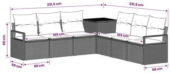 VidaXL Kanapé Szett 7 db Barna és Piros Poli rattan és acél