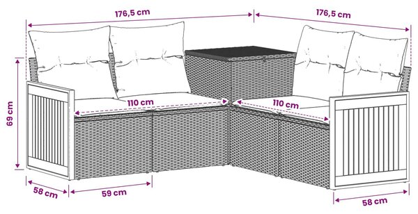 VidaXL Kanapé Szett 5 db Fekete és Kék Poli rattan és acél