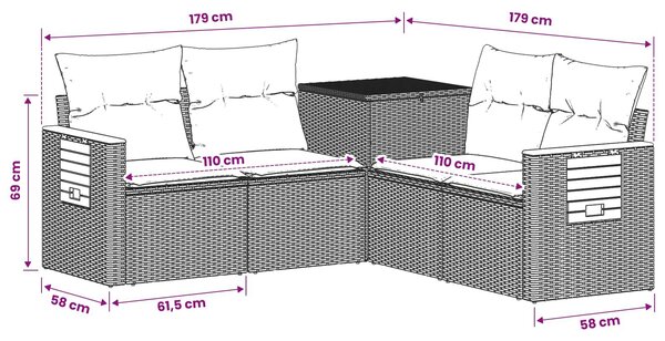 VidaXL Kanapé Szett 5 db Fekete Poli rattan és acél