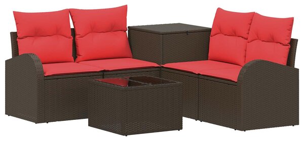 VidaXL Kanapé Szett 6 db Barna és Piros Poli rattan és acél