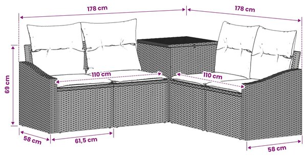 VidaXL Kanapé Szett 5 db Barna és Piros Poli rattan és acél