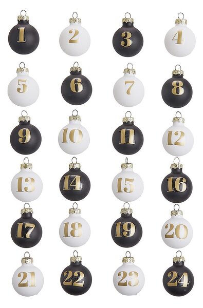 ADVENT üveg karácsonyfadísz - adventi kalendárium , 24 db fekete-fehér Ø3cm