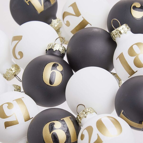 ADVENT üveg karácsonyfadísz - adventi kalendárium , 24 db fekete-fehér Ø3cm