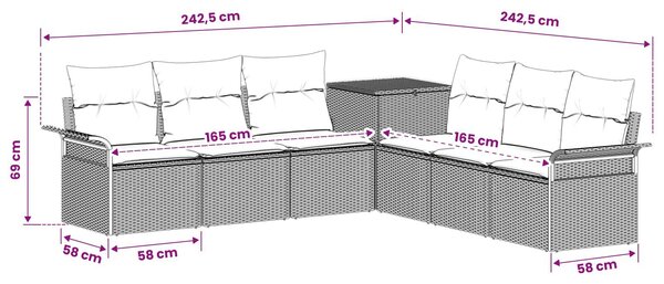VidaXL Kanapé Szett 7 db Barna és Piros Poli rattan és acél