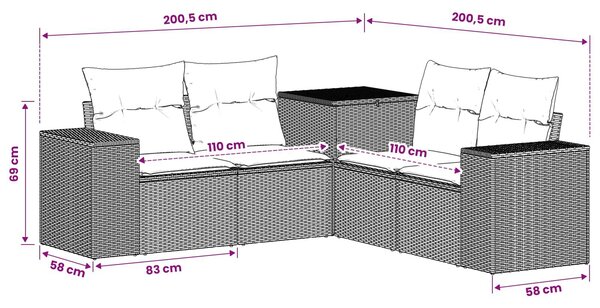 VidaXL Kanapé Szett 5 db Barna és Krémfehér Poli rattan és acél