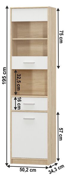 KONDELA Vitrines szekrény 1D1W1S, fehér/tölgy sonoma, TEYO