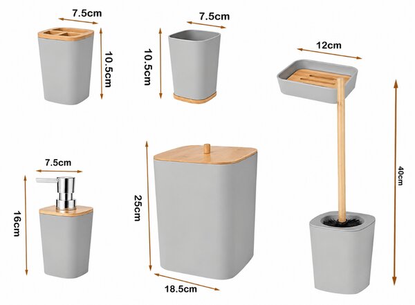 Fürdőszobai szett NATUREO 6 db, bambusz/szürke