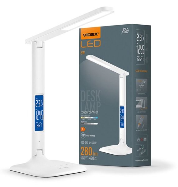 LED lámpa , asztali , érintő kapcsoló , digitális kijelző , 5W , állítható fehér színhőmérséklet (CCT) , dimmelhető , fehér , Videx Rio