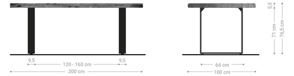 DELIFE Étkezőasztal Edge 200x100 XL akác platina rozsdamentes acél keskeny Live-Edge