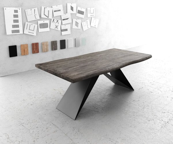 DELIFE Étkezőasztal Edge 200x100 XL akác platina V alakú láb laposacél fekete Live-Edge