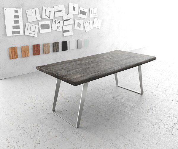DELIFE Étkezőasztal Edge 200x100 cm XL akác platina rozsdamentes acél ezüst ferde Live-Edge