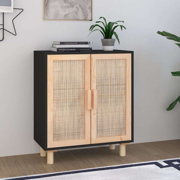 VidaXL fekete tömör fenyő/természetes rattan tálalószekrény 60x30x70cm