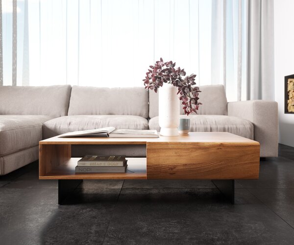 DELIFE Dohányzóasztal New Live-Edge 115x60 cm akác természetes 2 fiók 1 rekesz lebegő fém láb fekete
